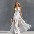 Retro Western-style White Bohemian Halter-neck Maxi Dress