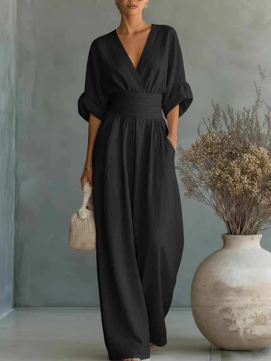 Elegant V-neck High-waisted Loose Jumpsuit