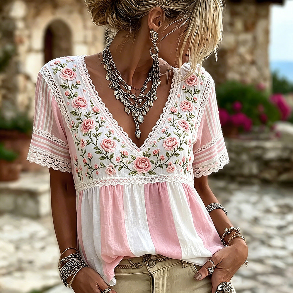 Women's Retro Rose Lace Art Embroidery Color Block Splicing Comfortable Cotton Linen V-neck Short Sleeve T-shirt