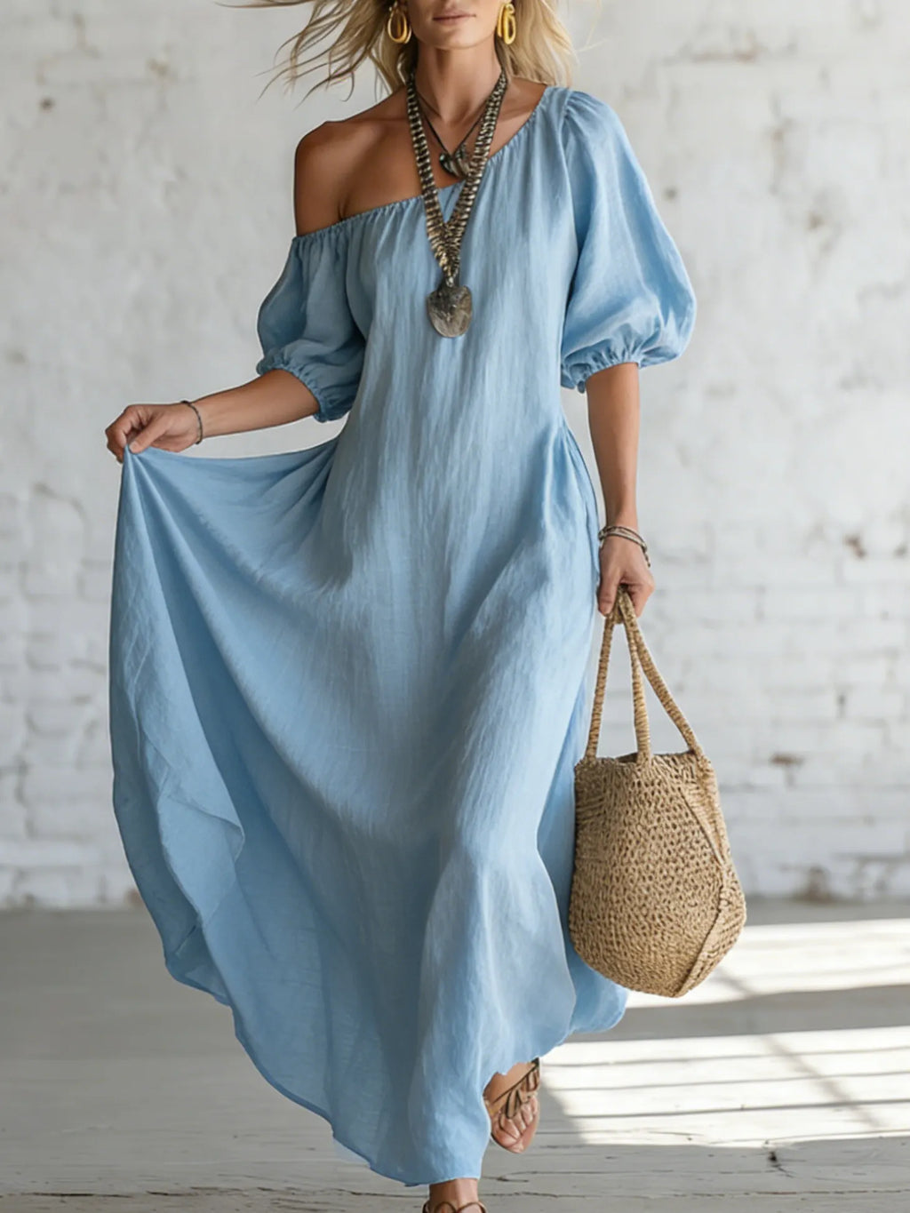 Elegant Minimalist Off-shoulder Linen Cotton Dress