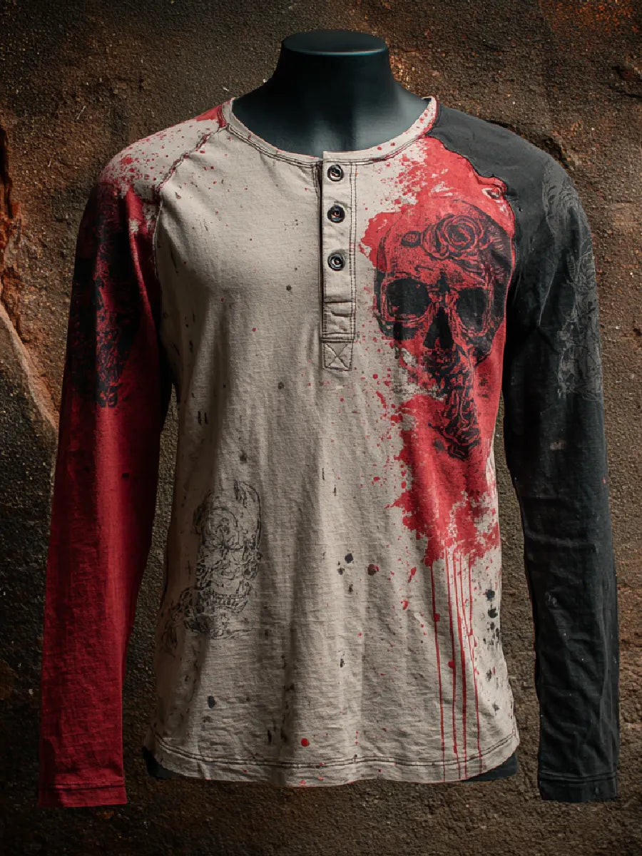 Vintage Blood Skull Art Print Casual Long Sleeve Henley Shirt