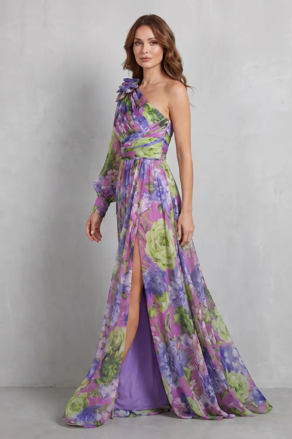 One-shoulder floral drape – Maxi dress