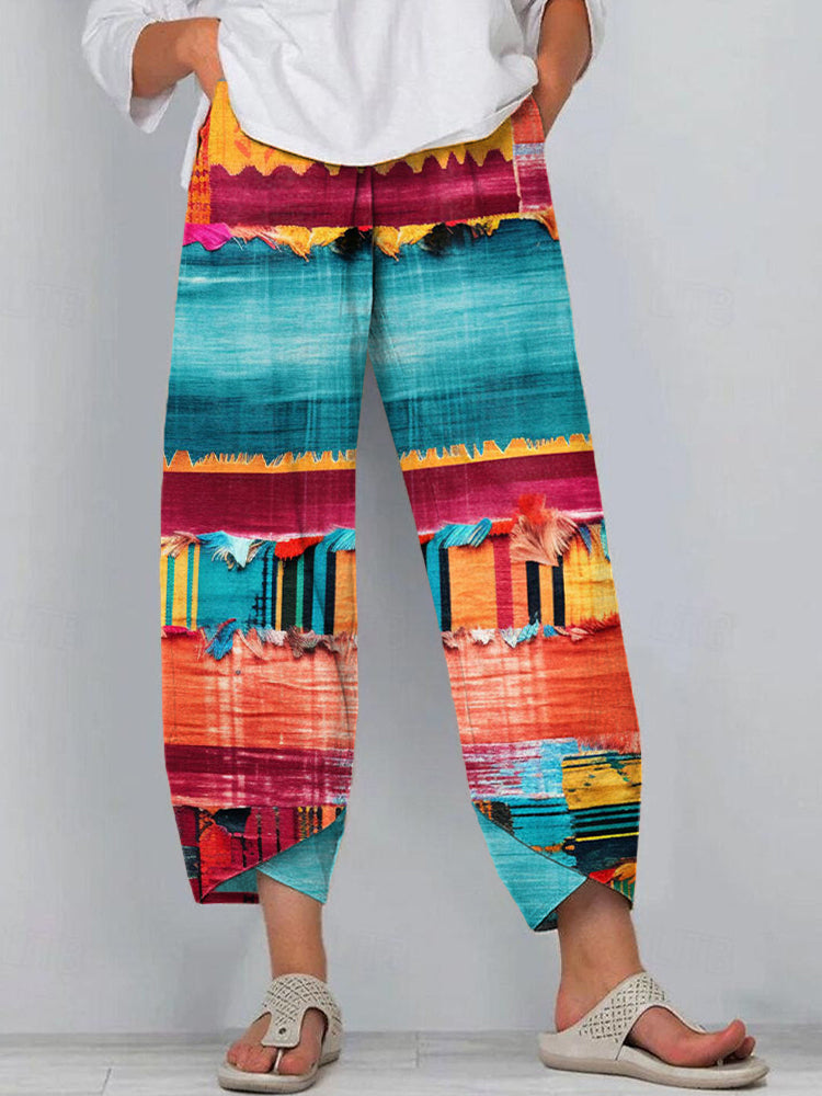 Boho Multicolor Patchwork Art Linen Blend Pants