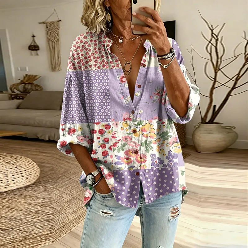 Women's Vintage Floral Patchwork Long-sleeve Button-up Shirt