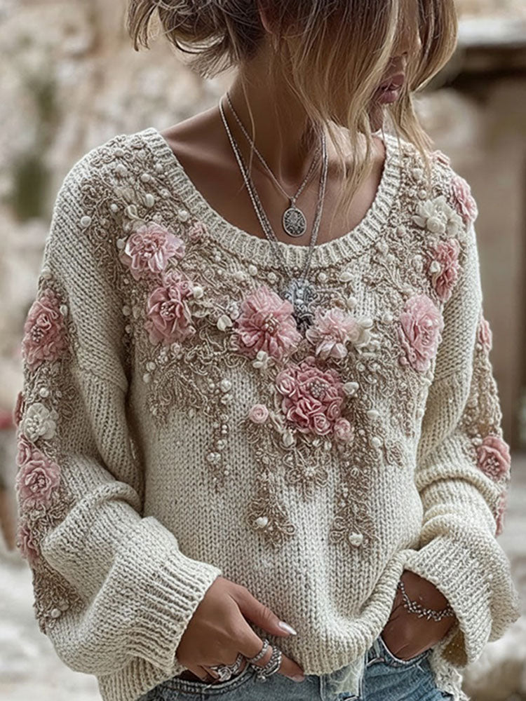 Women's Pink Floral Embroidery Art Knit Pullover Sweater