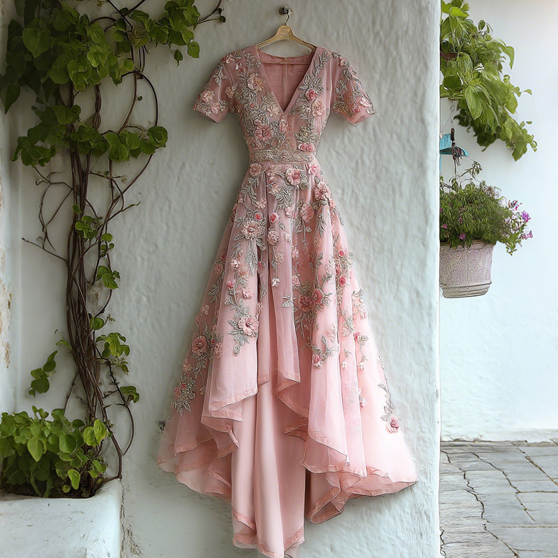 Women's Vintage Floral Art Flowy Linen Blend V Neck Maxi Dress