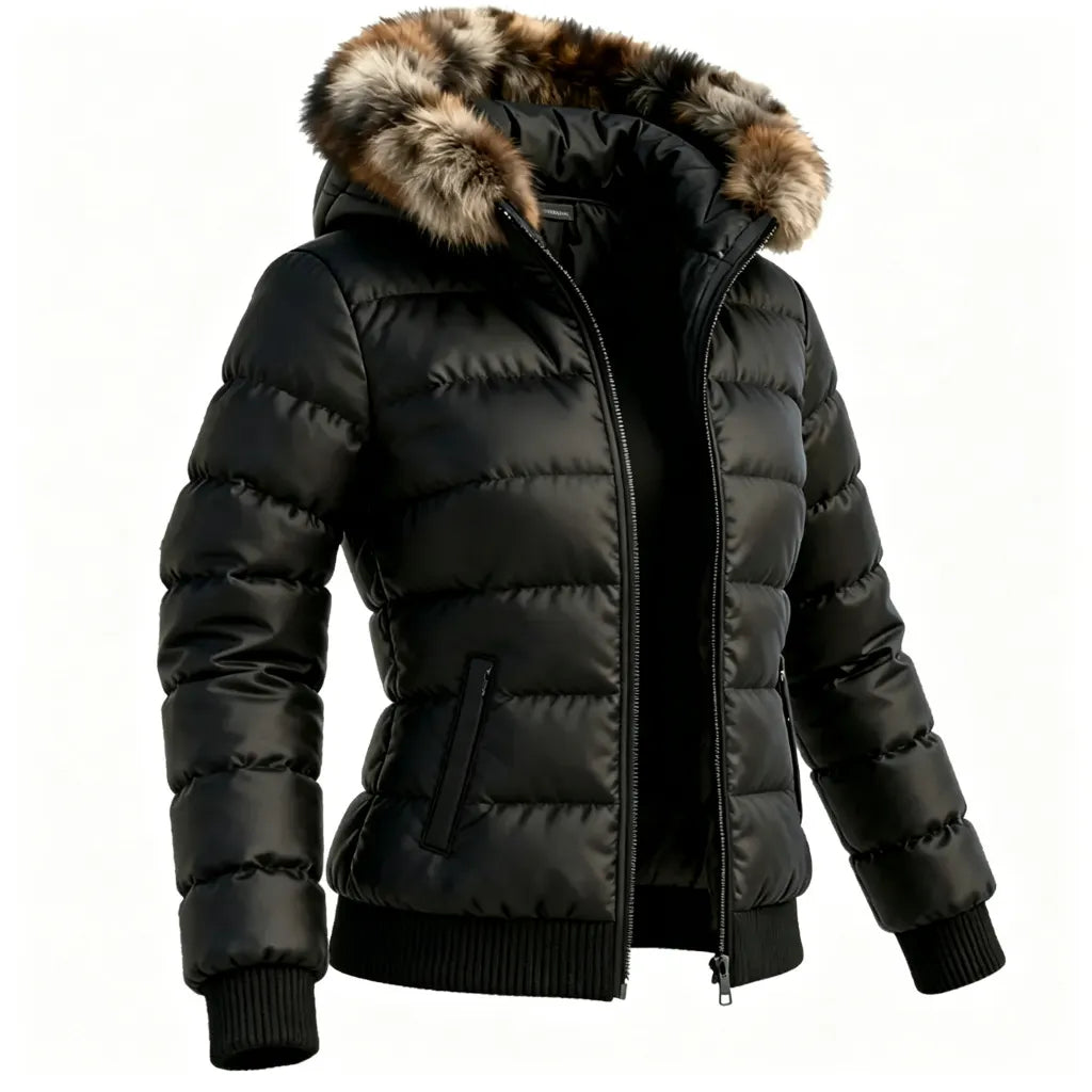 Women's Elegant Warm Winter Jacket With Faux Fur Hood