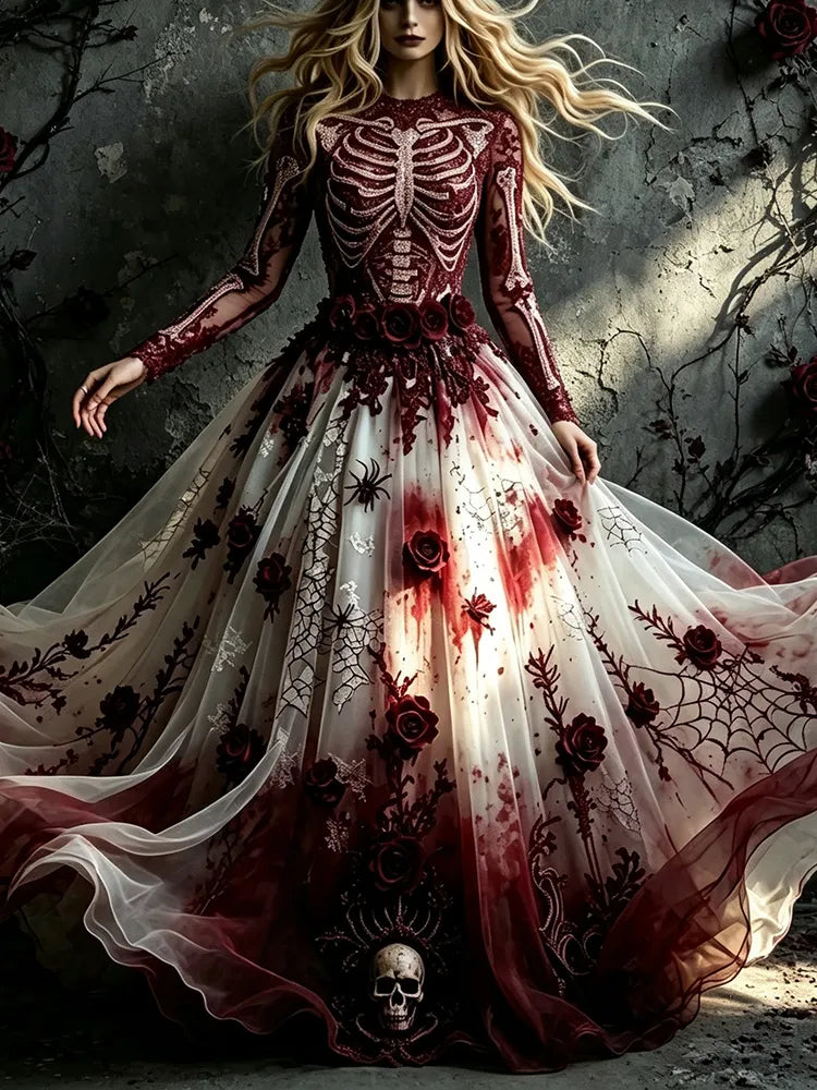 Women's Retro Halloween Human Skeleton Floral Embroidery Linen Blend Round Neck Long Sleeve Dress
