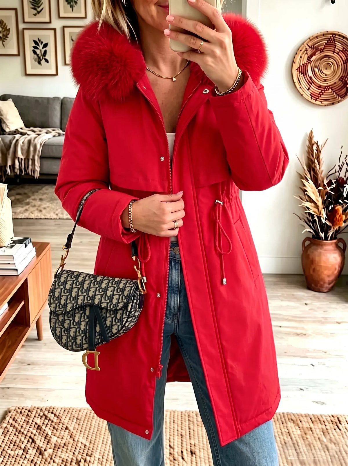 Faux Fur Hood Drawstring Waist Parka Coat Women Mid‐Length Winter Jacket