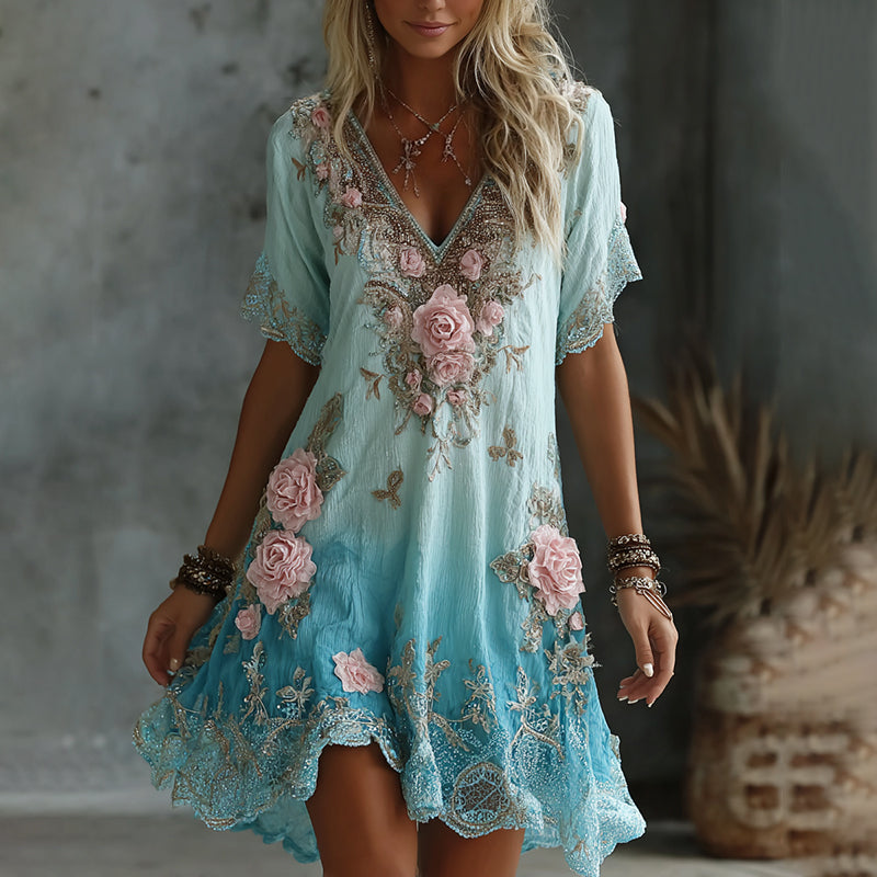 Women's Vintage Roses Art Flowy Linen Blend Casual Short Sleeve Maxi Dress