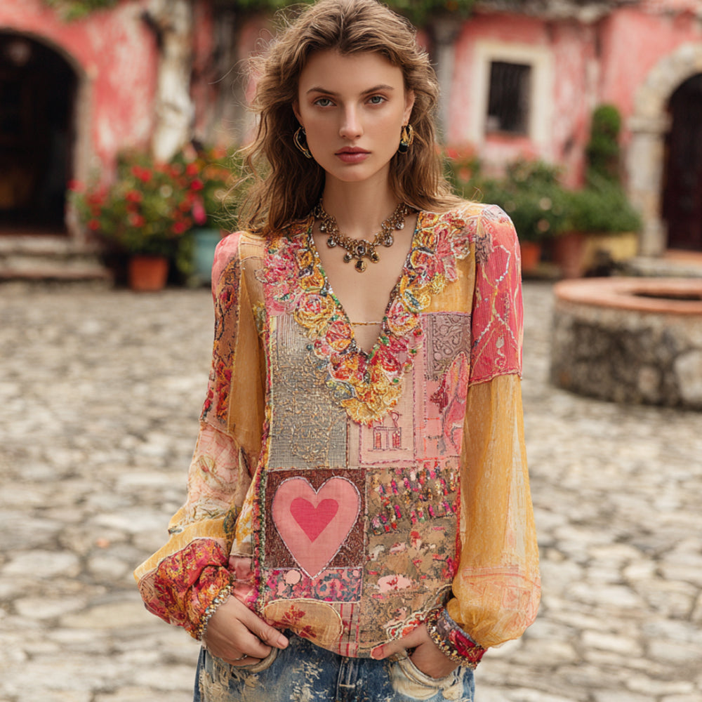 Vintage Heart And Floral Romantic V-neck Long Sleeve Top