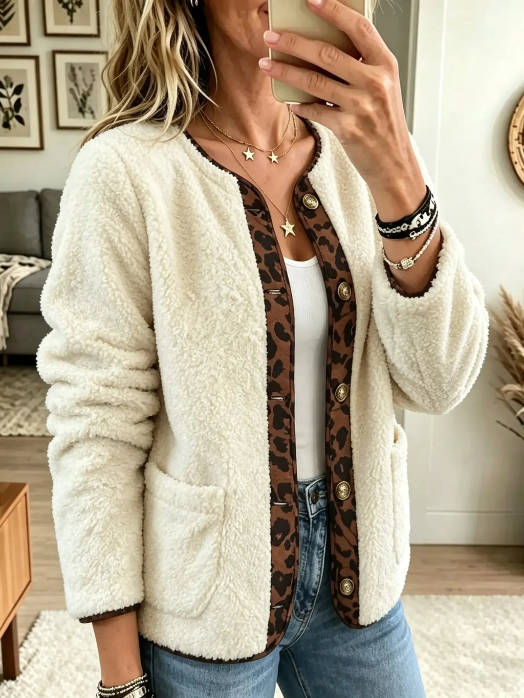 Women's Leopard Trim Sherpa Fleece Cardigan