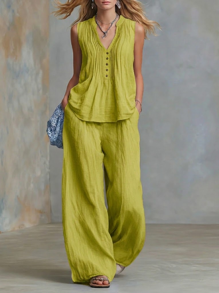 Casual Linen And Cotton Pleated Sleeveless Top And Pants Two-piece Set