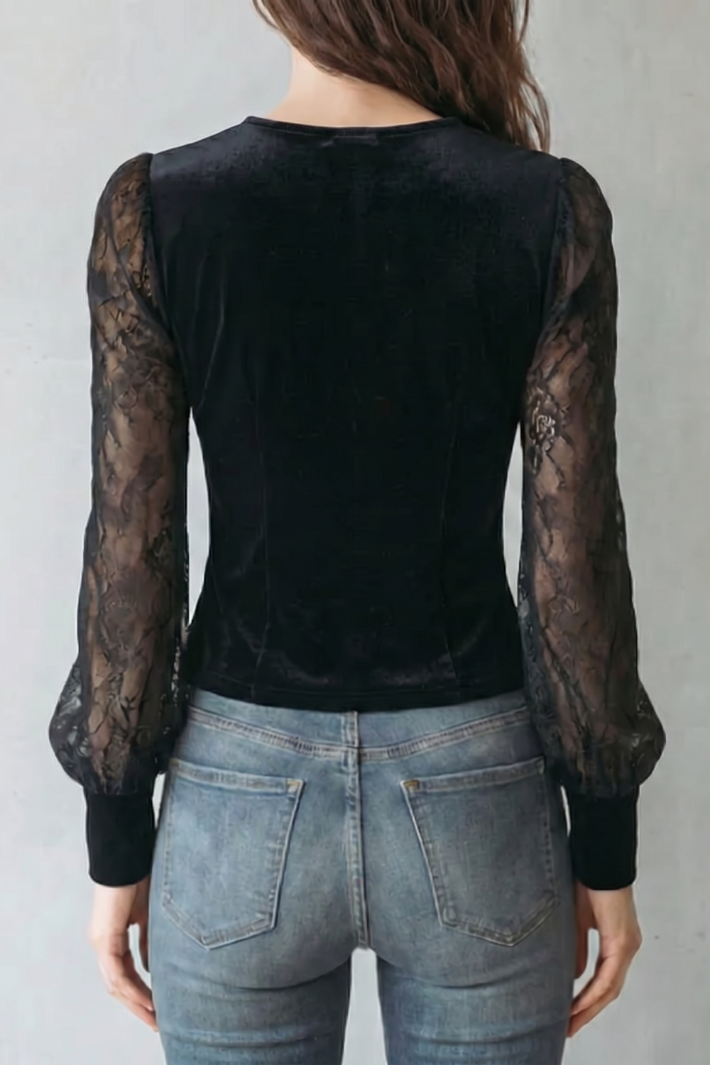 Lace spliced elegance – Velvet fitted blouse