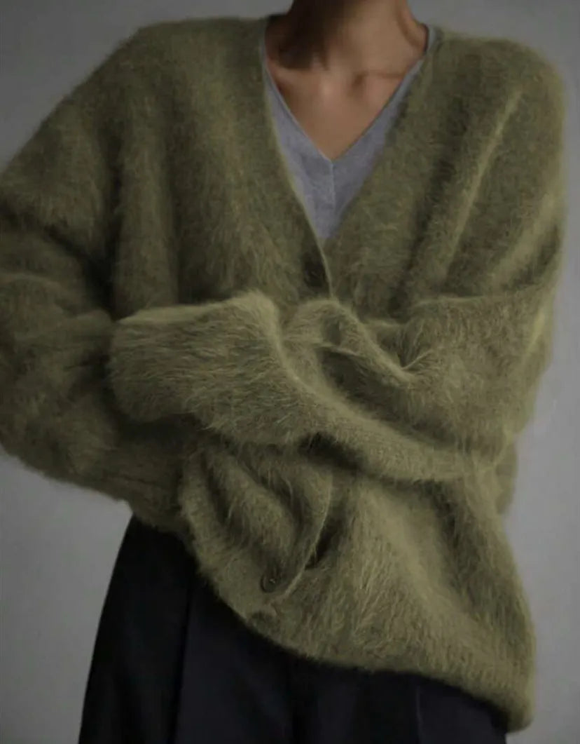 V‐Neck Fuzzy Shaggy Knit Button Front Long Sleeve Cardigan