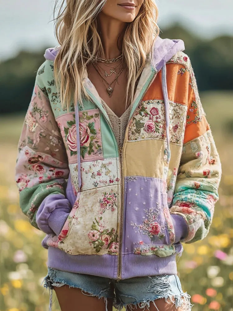 Women's Vintage Floral Patchwork Cozy Warm Zipper Hoodie