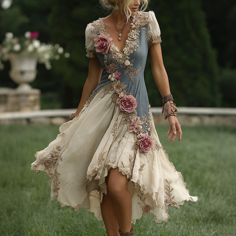 Women's Pink Floral Art Patchwork Flowy Linen Blend Casual Short Sleeve Dress