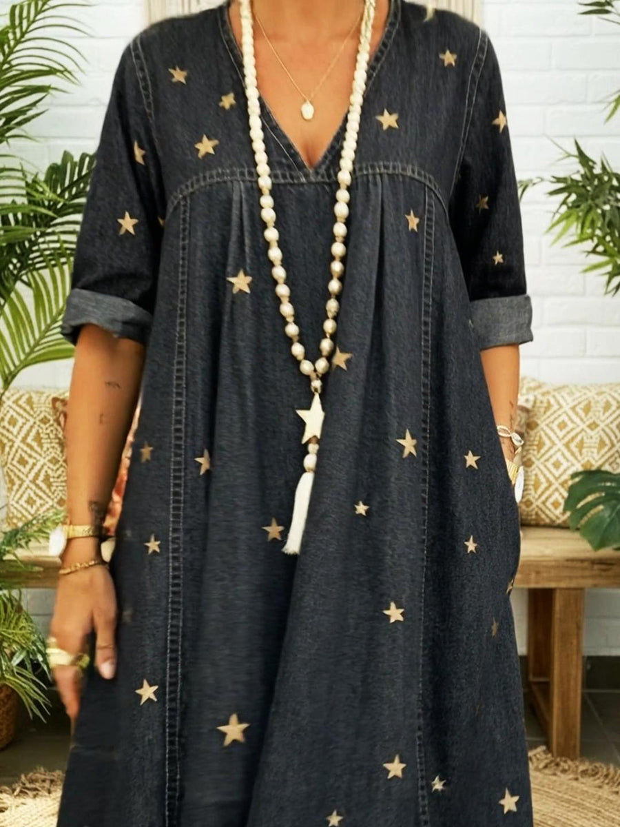 Casual Gold Star Print 100% Cotton Denim Dress