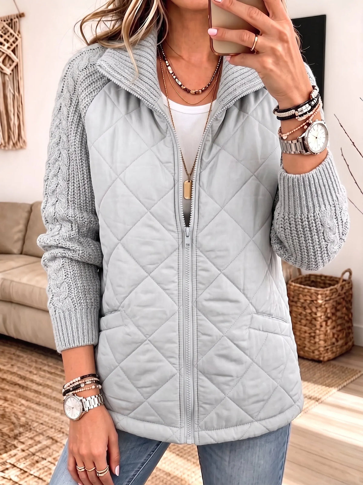 Women Quilted Knit Splice Zip‐Up Jacket, Stand Collar Mixed Media Casual Outerwear With Pockets