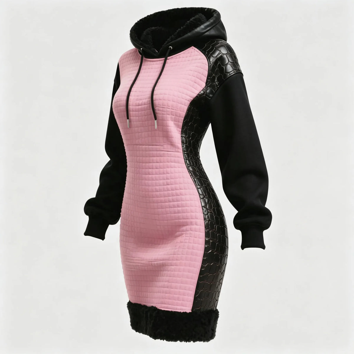 Women's Contrast Color Stitching Suede Lambswool Lapel Hooded Long Sweatshirt Dress