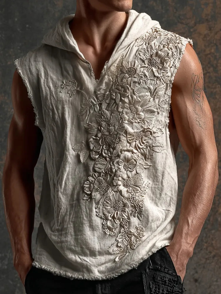 Men's Floral Lace Embroidered Vintage Hooded Linen Tank