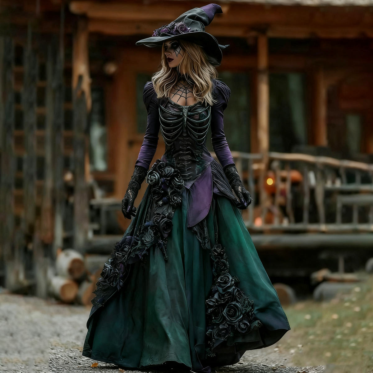 Vintage Witch Skull Rib Cage Rose Pattern Maxi Dress