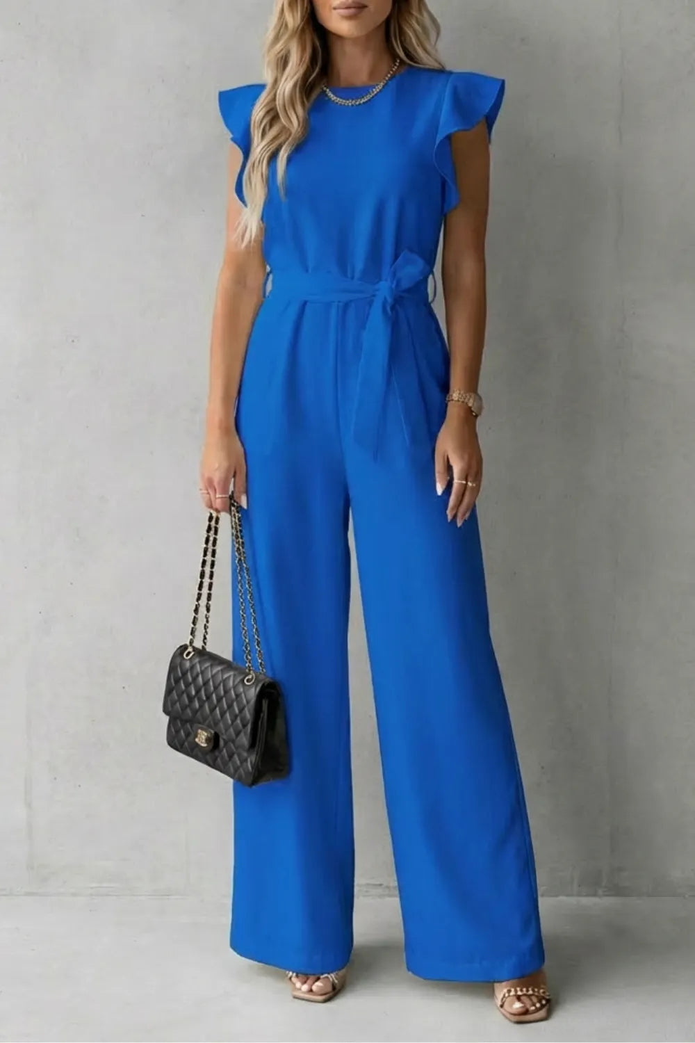 Ruffle sleeve belted – Wide-leg jumpsuit