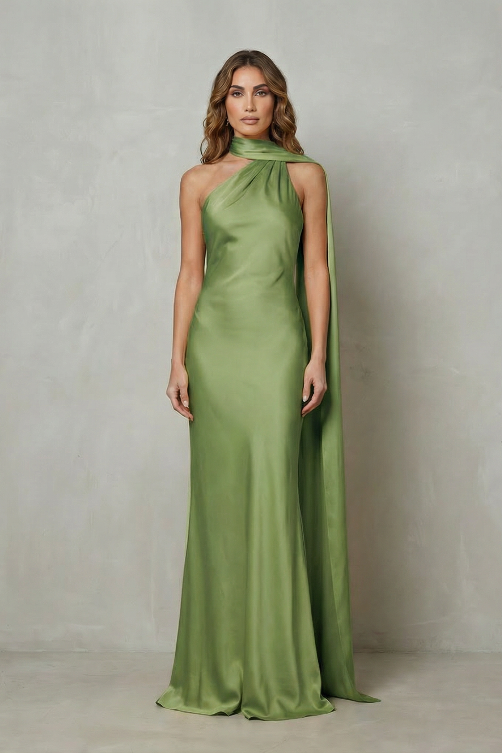 Draped neckline cascade – Satin mermaid gown