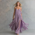 Chiffon Maxi Dress For Women - Elegant Purple Backless Flowy Long Dress With Cross Strap Design