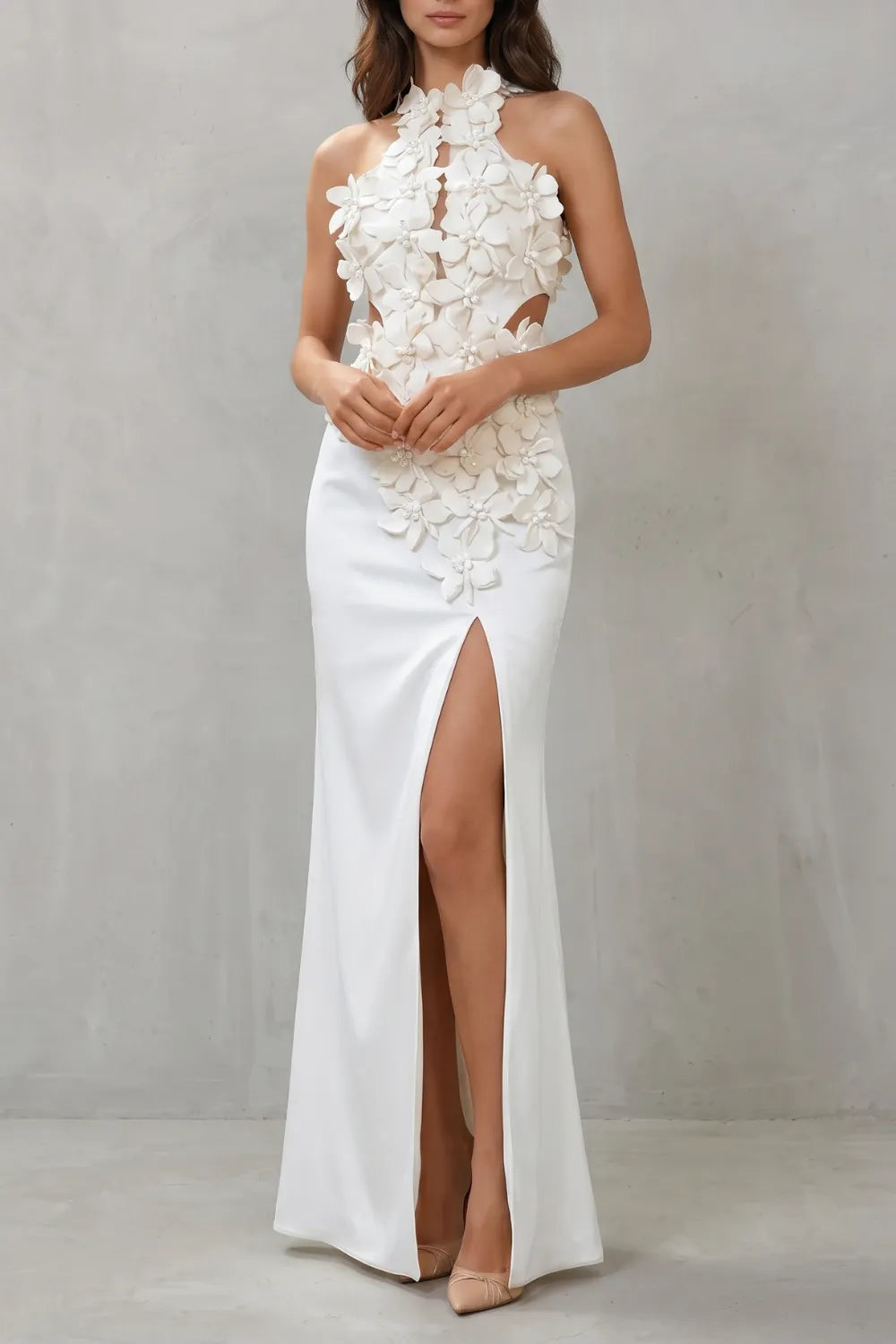 Ethereal bloom – Women’s Halter Neck Flower Split Maxi Dress