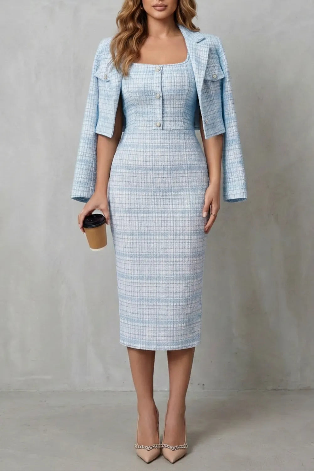 Elegant plaid tailoring – Two-piece midi dress set