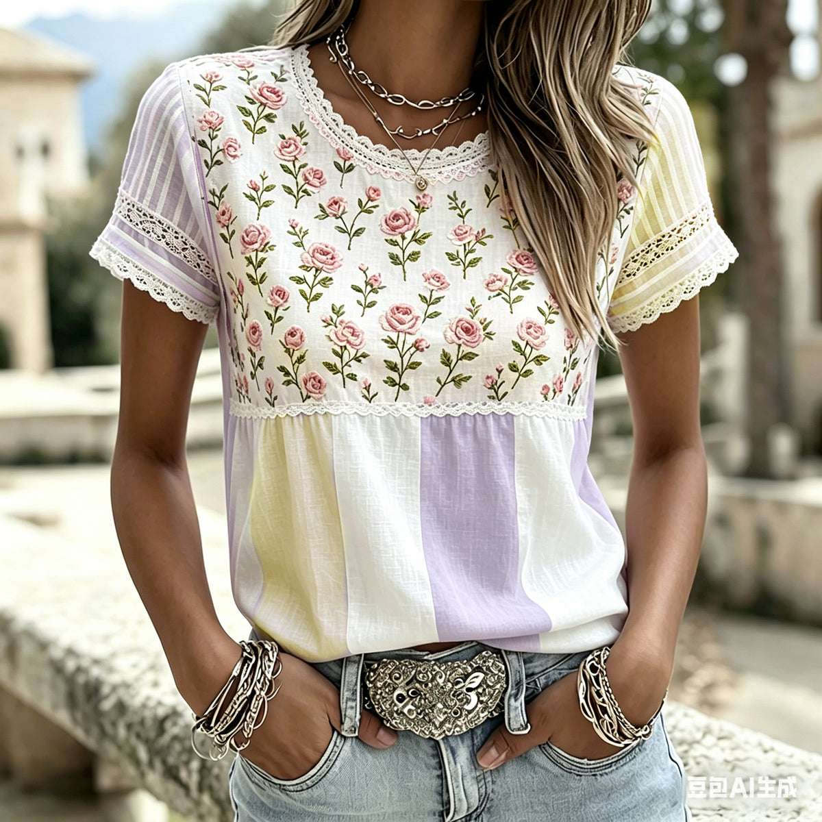Pink Floral Art Embroidered Spliced Striped Comfortable Cotton Linen Crew Neck T-shirt