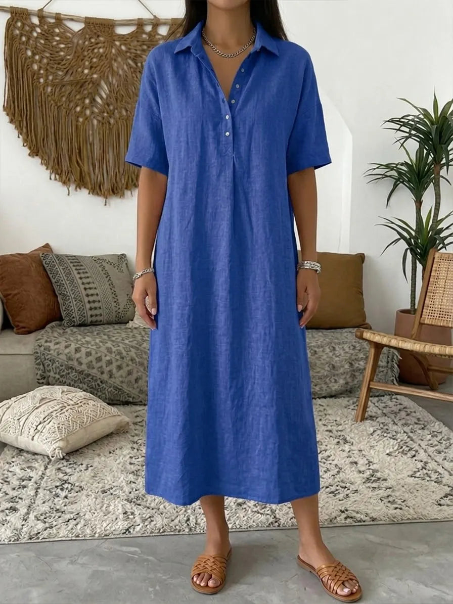 Casual Polo Collar Linen And Cotton Short-sleeved Dress