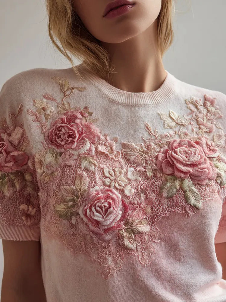 Women's Fashion Rose Embroidery Gradient Cotton Round Neck T-shirt