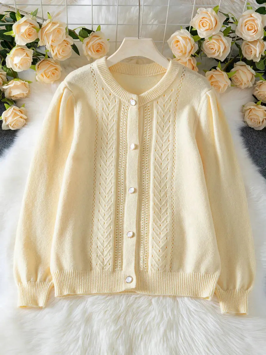 Retro Elegant Button Round Neck Art Casual Stylish Long Sleeve Knitted Sweater