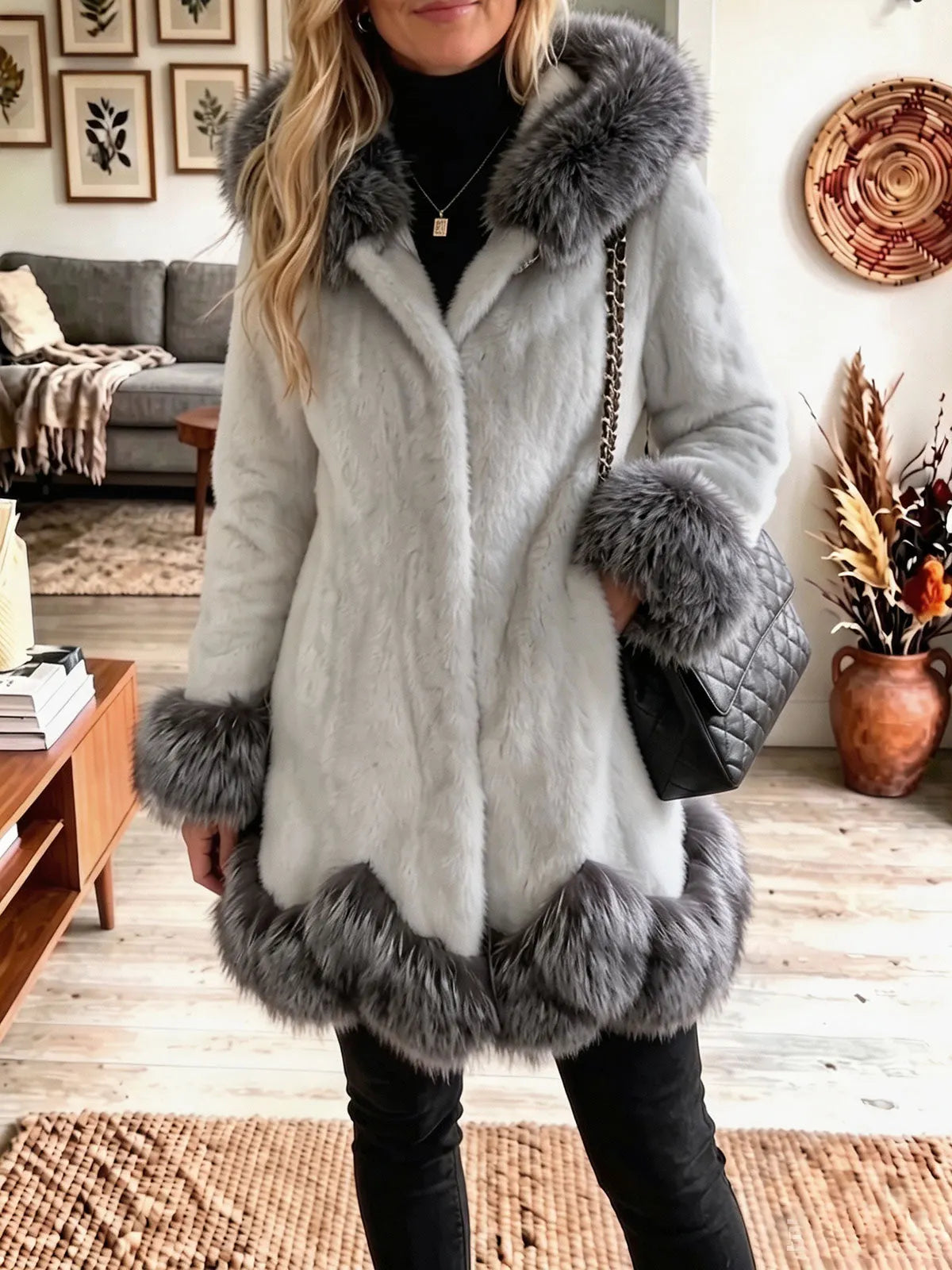 Hooded Faux Fur Contrast Trim Mid‐Length Coat Women Warm Winter Outerwear