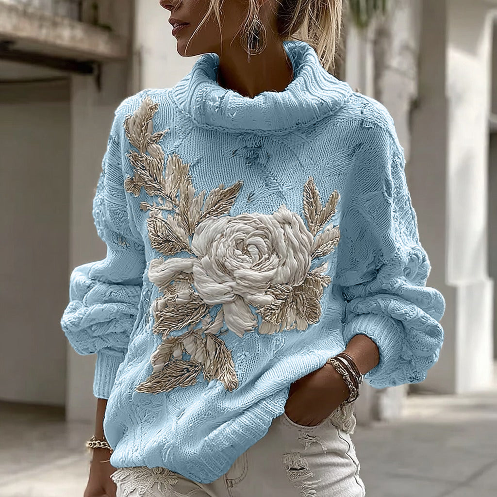 Women's Vintage White Rose Chunky Knit Turtleneck Sweater