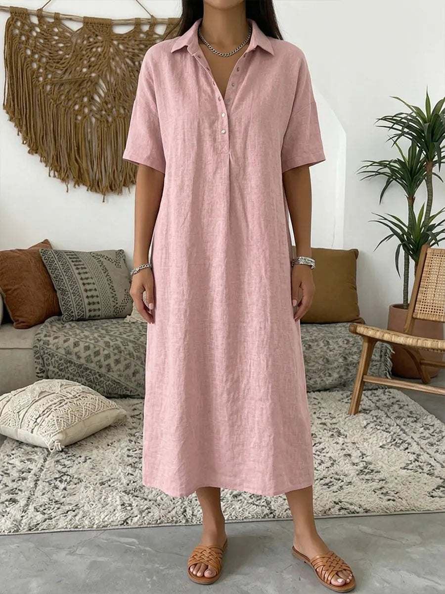 Casual Polo Collar Linen And Cotton Short-sleeved Dress