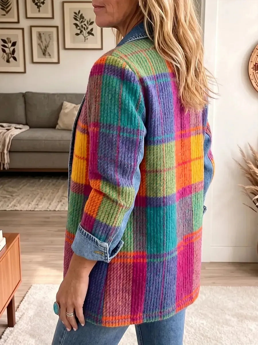 Vintage Elegant Denim Patchwork Plaid Jacket