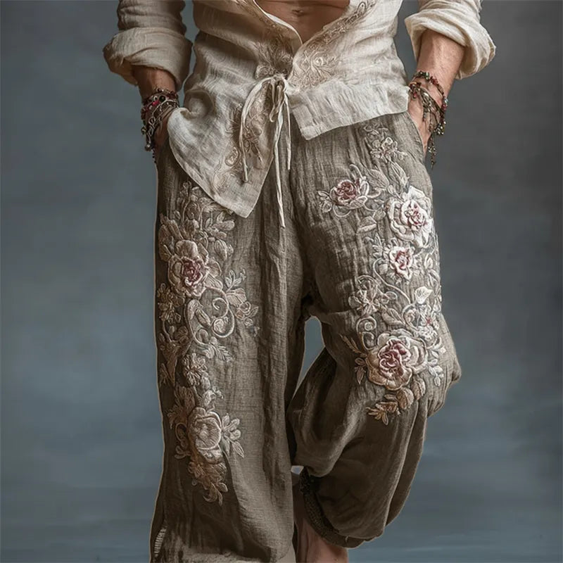 Men's Vintage Roses Embroidered Drawstring Wide Leg Linen Pants