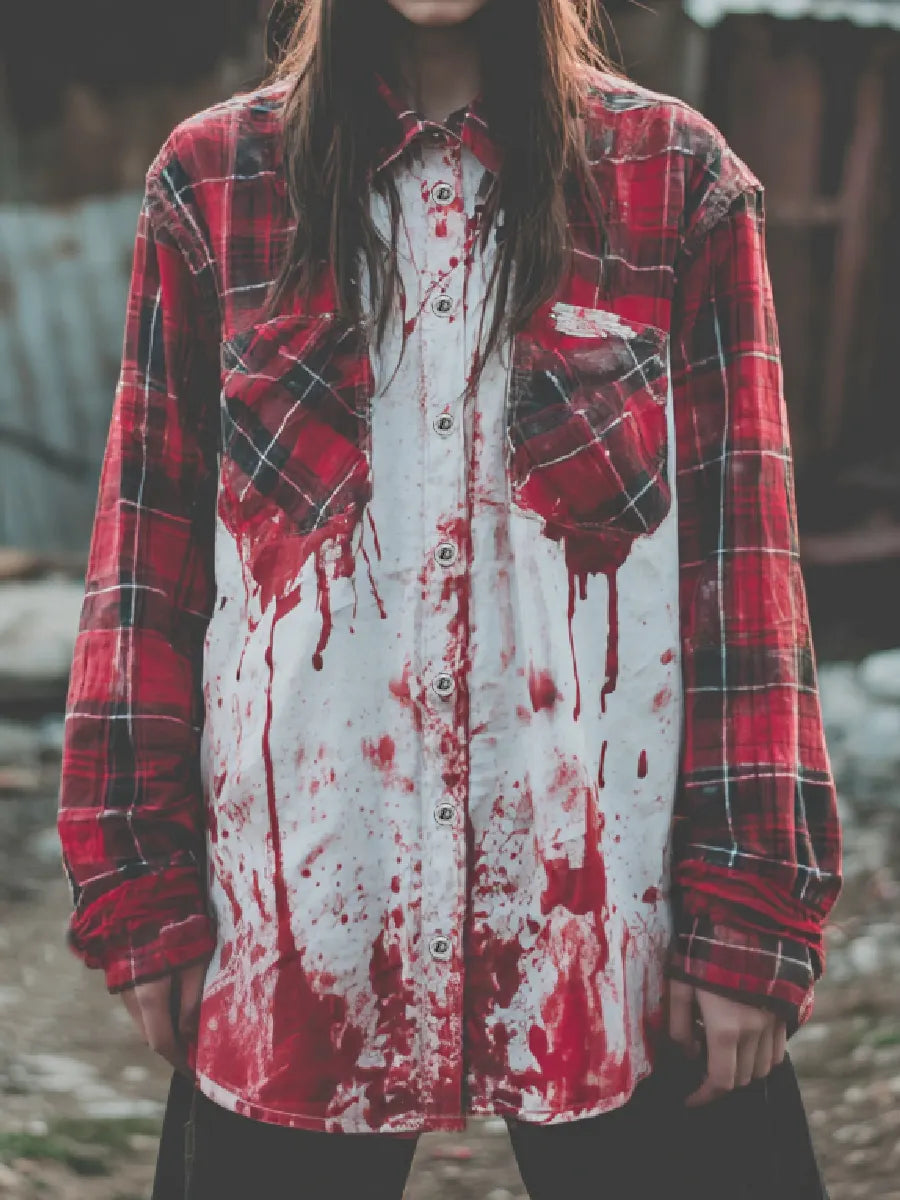 Bloodstained Vintage Check Art Long Sleeve Button-Down Shirt