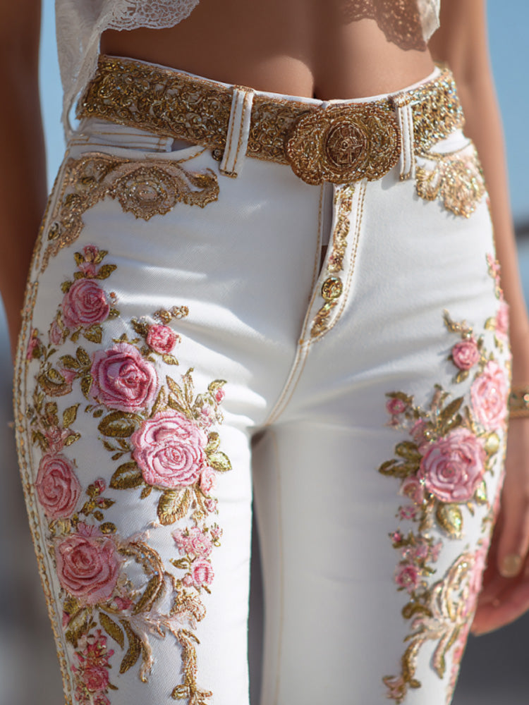 Women's Bohemian Style Pink Rose Embroidery Jeans