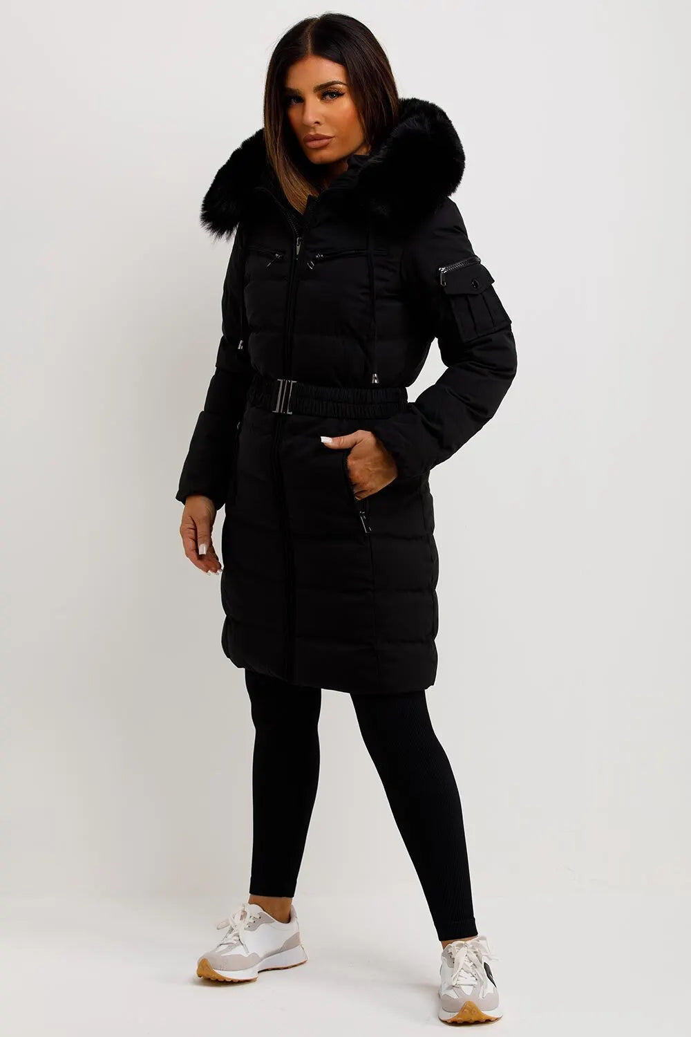 Long Puffer Coat With Fur Hood And Belt Black