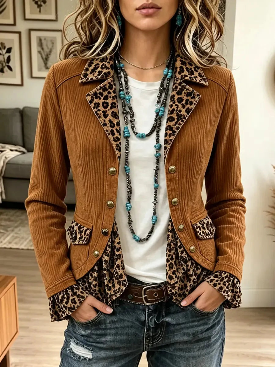 Retro Western Leopard Pattern Art Patchwork Casual Stylish Long Sleeve Coat