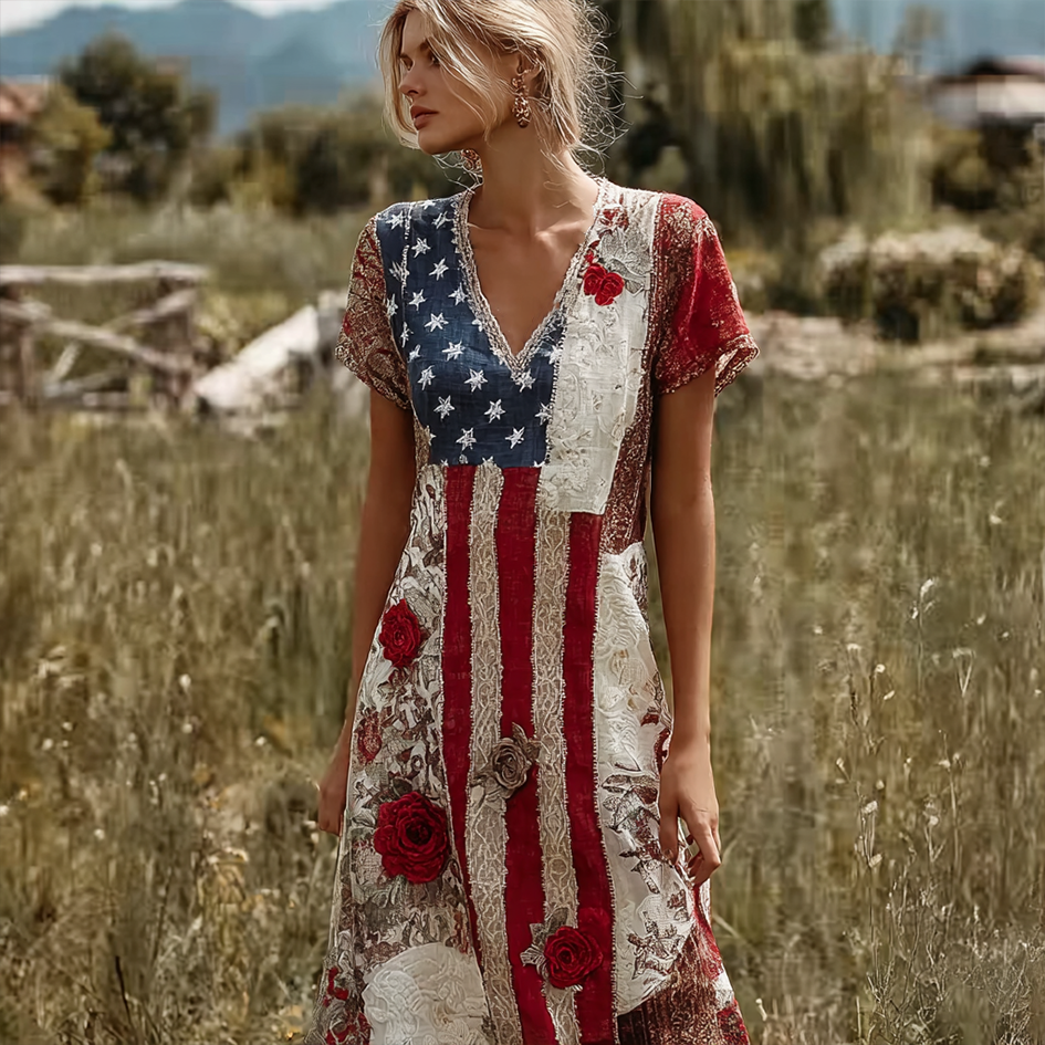 Women's Retro American Flag Element Plant Flower Embroidery Lace Patchwork Design Short-sleeve Dress