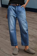 Wash Stitch Detail Mid Rise Barrel Leg Crop Jeans Without Belt
