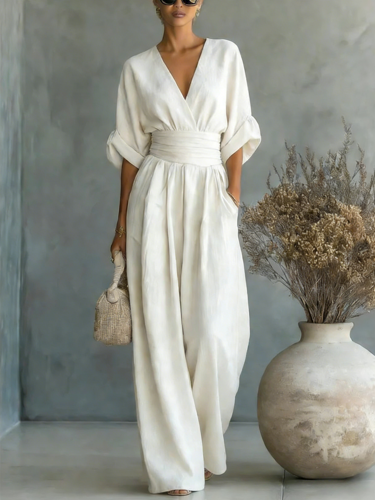 Elegant Vacation Casual Fashion V-neck Waist Jumpsuit