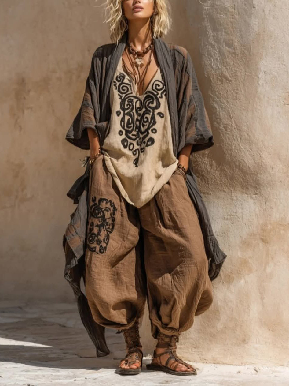Boho Casual Loose Linen Cotton Three-piece Set