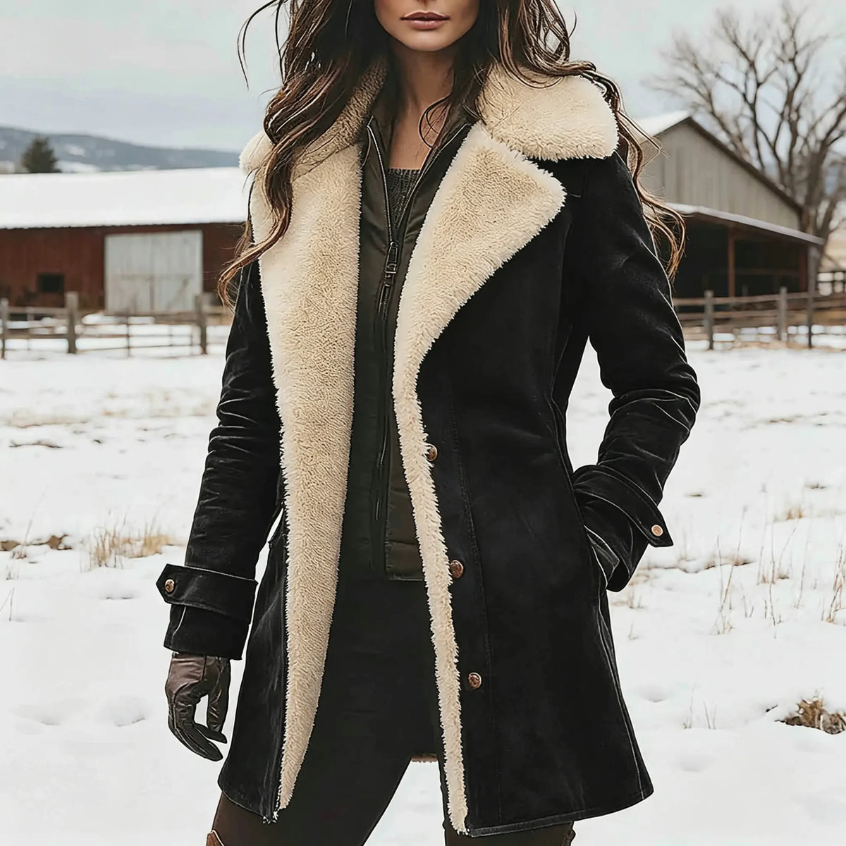 Women's Vintage Brown Suede Fleece Lapel Collar Mid-Length Shearling Coat Jacket
