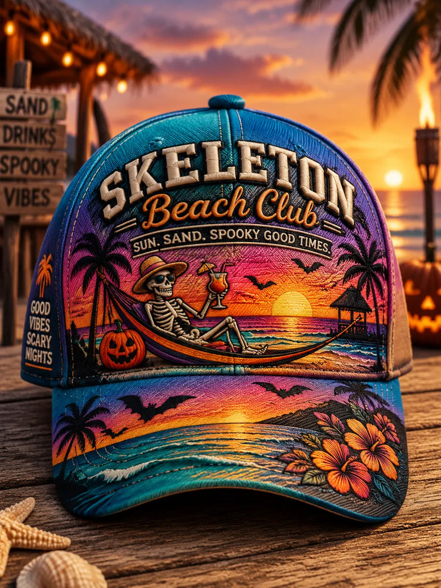 Skeleton Beach Club Halloween Print Casual Cap